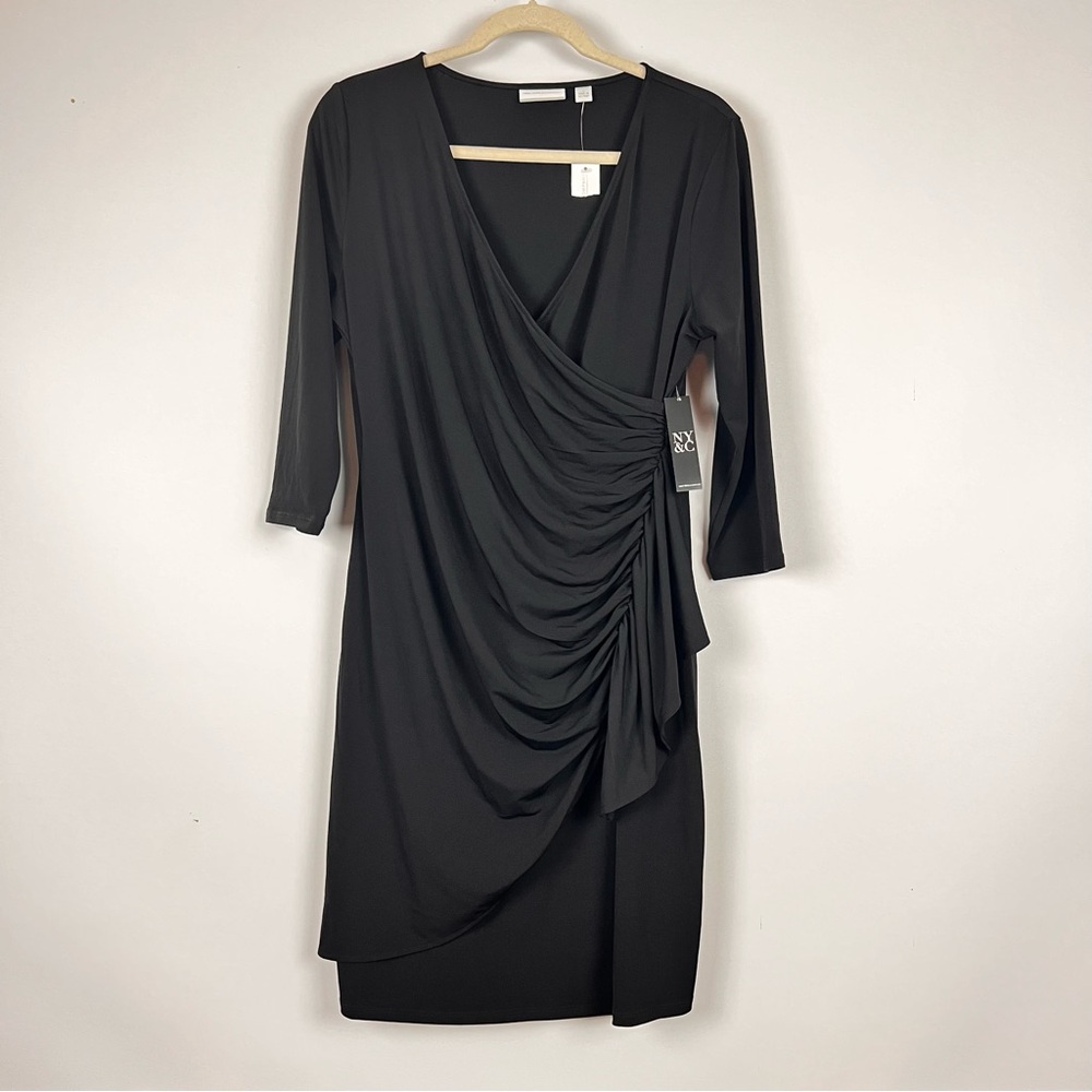 New York And Company Black Sheath Dress Ruched Large NWT 3/4 Sleeve V-Neck